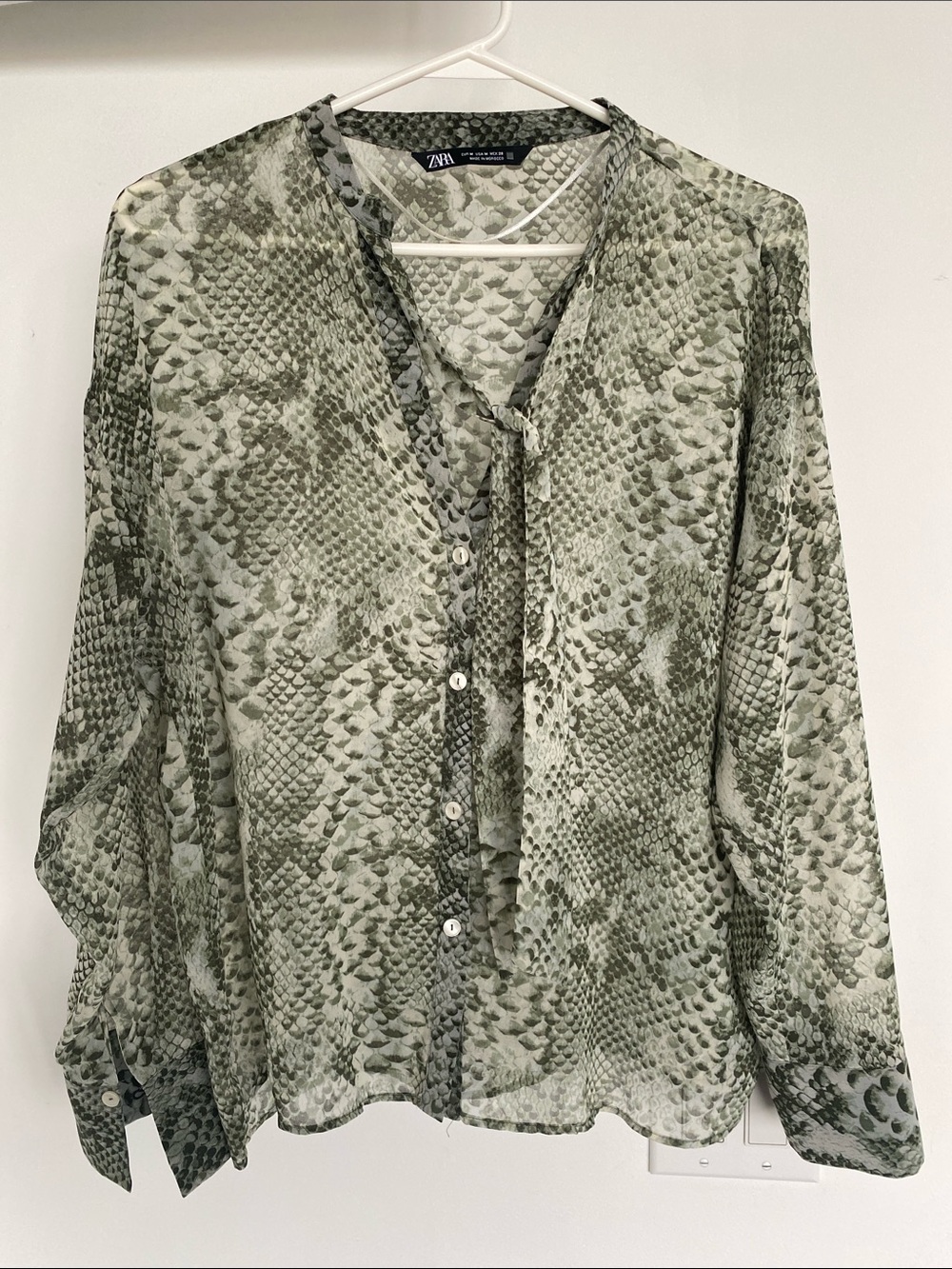 ZARA Olive Green Snake-Print Tie-Neck Button Blouse